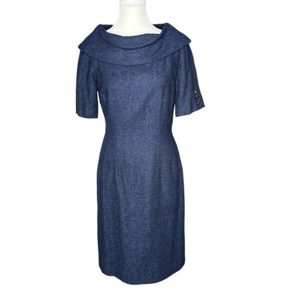Tahari‎ Arthur S Levine Navy Blue Tweed Cowl Neck Sheath Dress Silk Wool Size 4